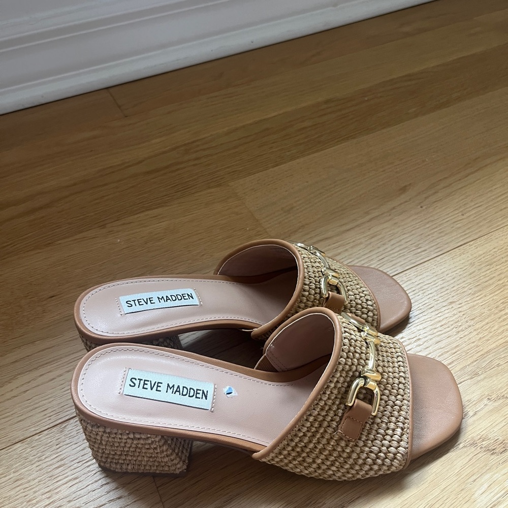 Steve Madden Tan Woven Slide Heels with Gold Accent